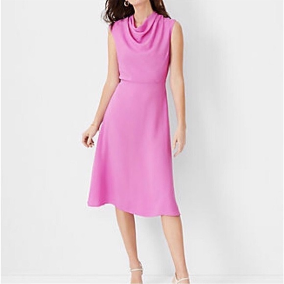 NWT Ann Taylor Dress Pink Satin Mock Neck Midi Flare Wedding Career Drape Flare - Picture 1 of 8